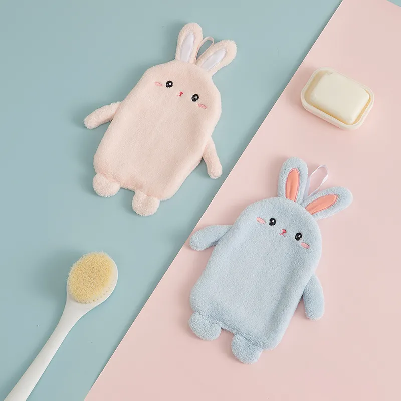 Cute Rabbit Coral Fleece Hanging Hand Towel – Thick Absorbent Kitchen Drying Cloth, Soft Fluffy Washcloth with Loop, Cartoon Animal Home Towel for Daily Use